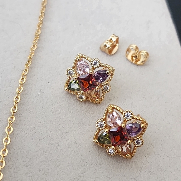 Gold with Multi Color CZ Stones Necklace Earrings Set - Picture 9 of 10